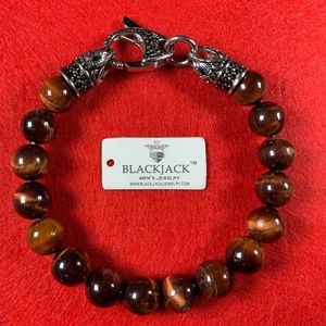 Mens Red Tiger Eye Stainless Steel Beaded Bracelet